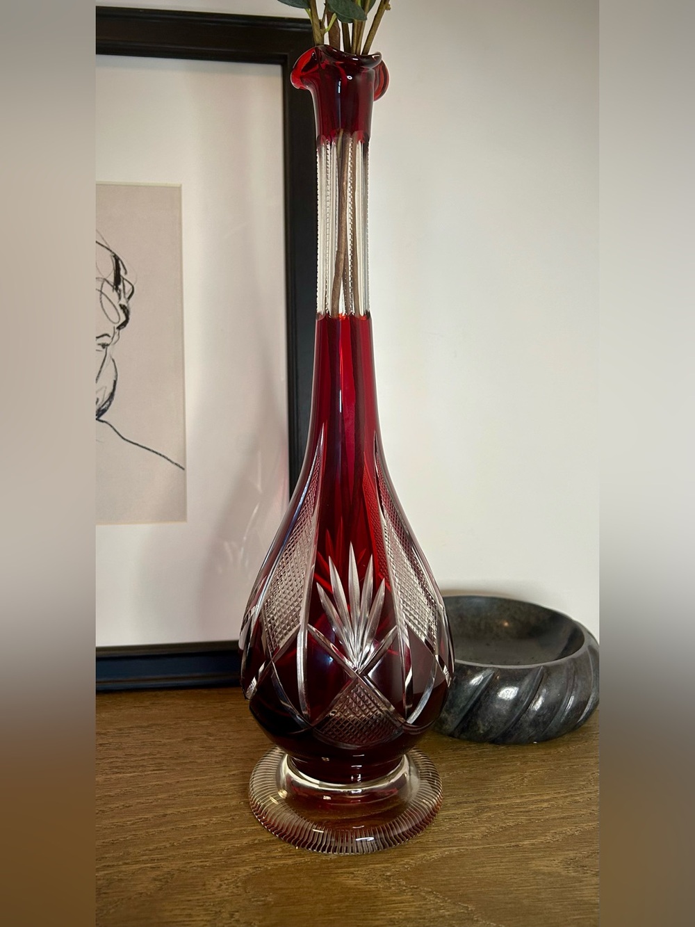 Bohemian Ruby Cut Crystal Vase | Hand-Cut Czech Glass Bud Vase, Mid-Century Deco